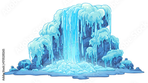 Glowing blue frozen waterfall illustration with icy rocks and snow.