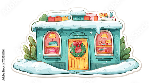 Cute Cozy Winter House Sticker with Snow and Christmas Wreath