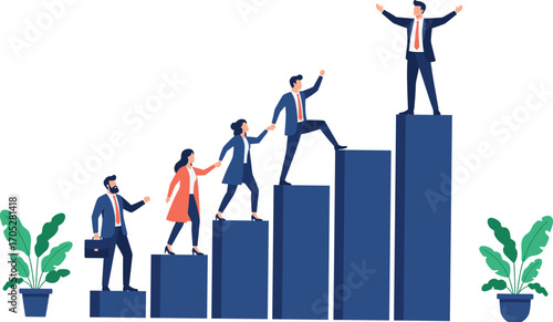 Business team helping each other grow to success leadership concept, career development teamwork collaboration support corporate ladder illustration