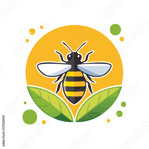 Stylized honey bee vector icon with black and yellow stripes, surrounded by green leaves on a bright yellow background
