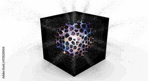 Abstract cosmic cube radiating celestial energy with fractured black facade design revealing inner