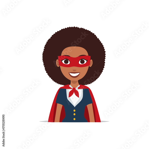 African American woman superhero character with a red mask and cape, smiling confidently