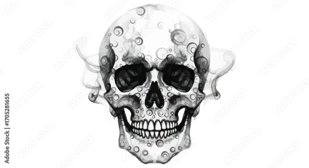Fototapeta premium Abstract monochrome skull illustration with smoky wisps and circular patterns of artistic expression
