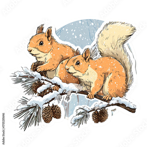 Cute Winter Squirrels Perched on Snowy Pine Branches