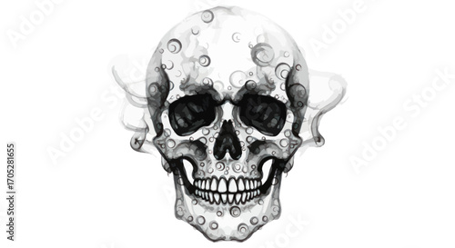 Abstract monochrome skull illustration with smoky wisps and circular patterns of artistic expression