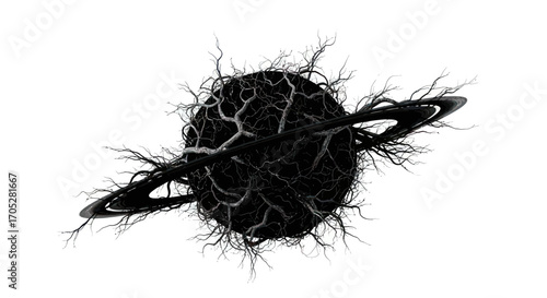 Abstract planetary concept with barren branches enveloping a ringed sphere artwork