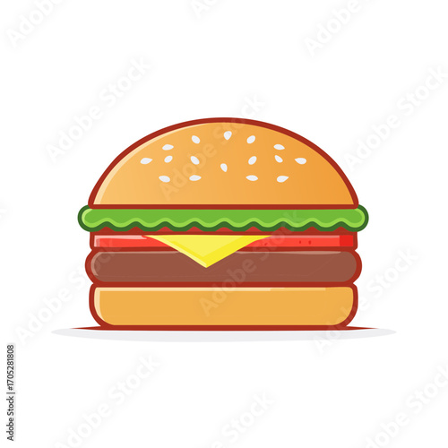 Illustration of a tasty burger with sesame seed bun, lettuce, tomato, cheese, and a juicy meat patty, fast food.