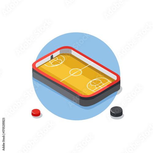 Isometric vector illustration of a miniature tabletop basketball court game with two pucks