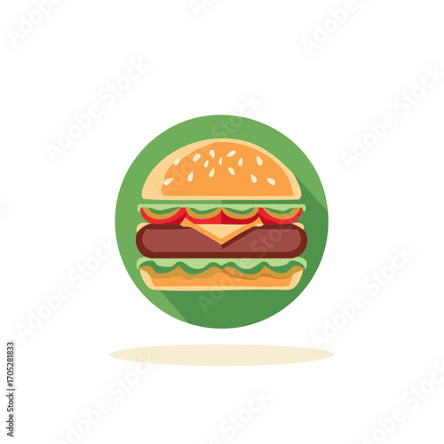 Hamburger Icon with Cheese, Tomatoes, and Lettuce in Circular Green Frame