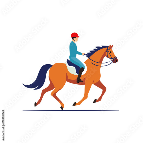 Equestrian Rider in Blue Outfit and Red Helmet Riding an Orange Horse in Gallop