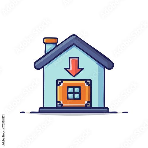 Blue house with red download arrow and orange package box for home delivery or property data