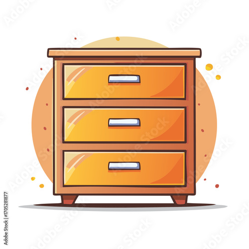 Cartoon illustration of a yellow dresser with three drawers and a round orange background