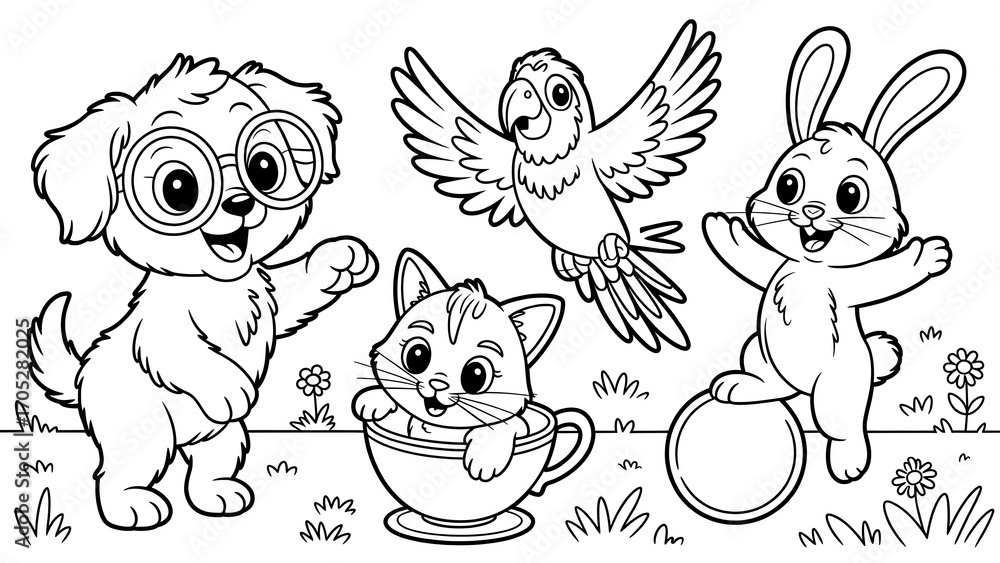 Fototapeta premium Adorable Coloring Page with Pets in a Garden Setting