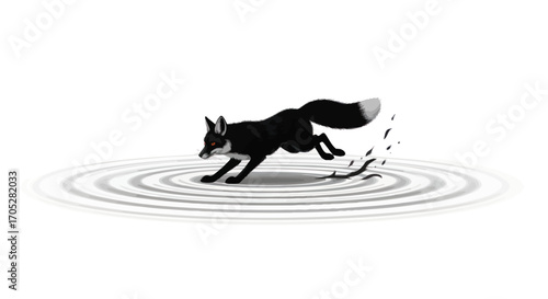 Black fox poised mid leap across radiating ripples against a stark white background