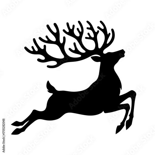black silhouette of a reindeer in mid-leap