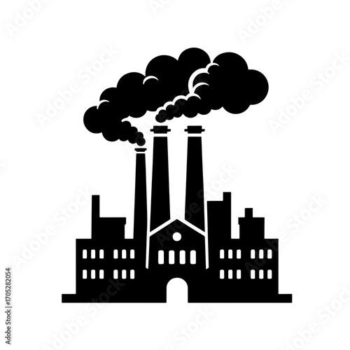 a black silhouette of a factory with three tall chimneys from which thick smoke pours out