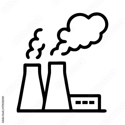 minimalistic outline of a factory with two chimneys from which smoke pours out