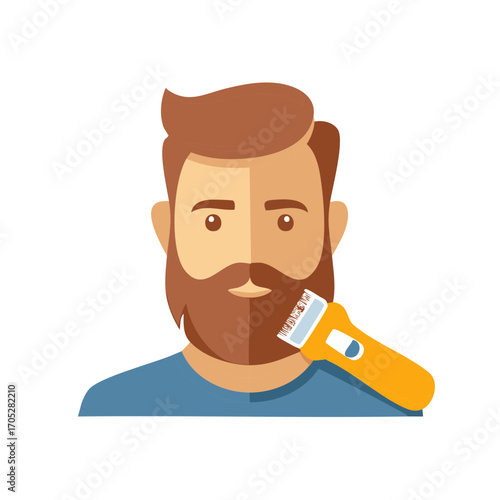 Man Trimming Beard with Electric Razor, Bearded Male Grooming Illustration