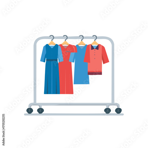 Colorful Dresses and Shirt on Clothes Rack with Hangers for Fashion Boutique