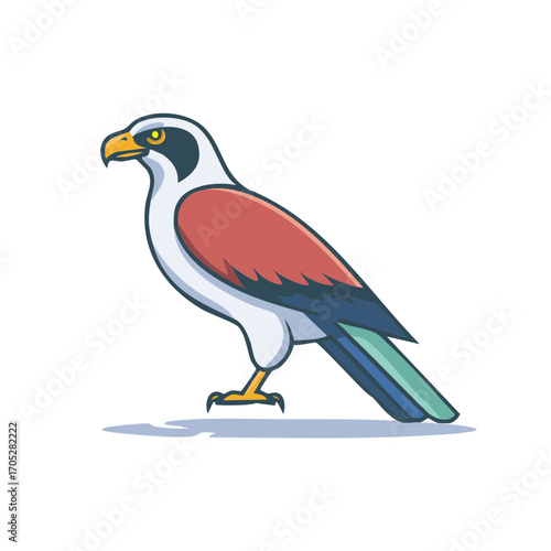 Stylized bird illustration with colorful plumage standing upright and looking right