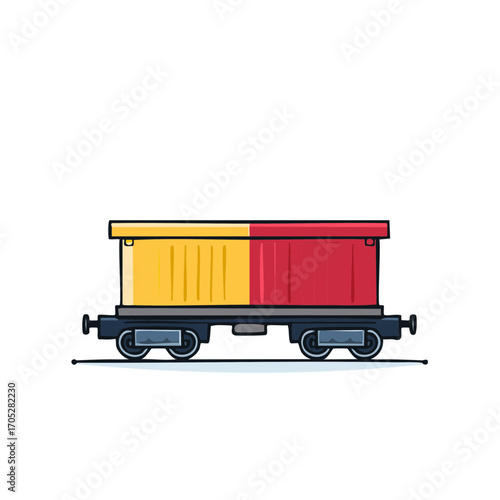 Cartoon train wagon in yellow and red ready for hauling on tracks illustration