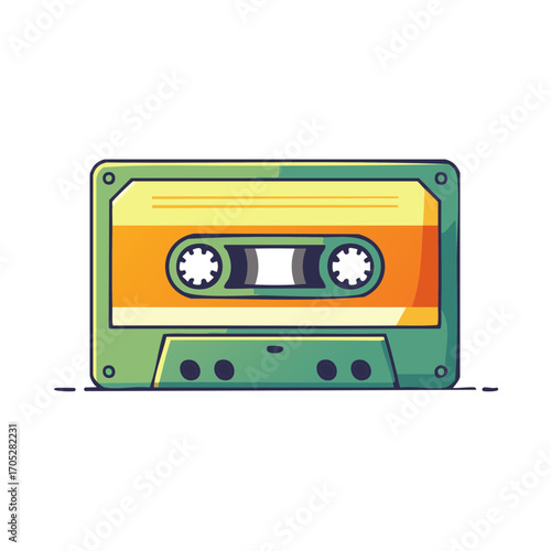 Retro cassette tape with orange and yellow label and green casing