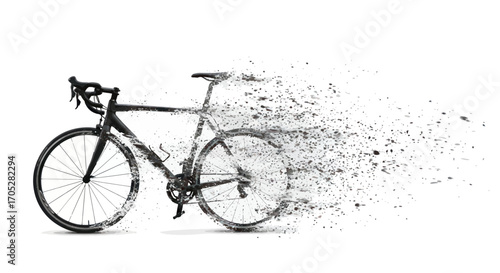 Conceptual disintegration illustration of a bicycle, representing motion, speed, and fleeting