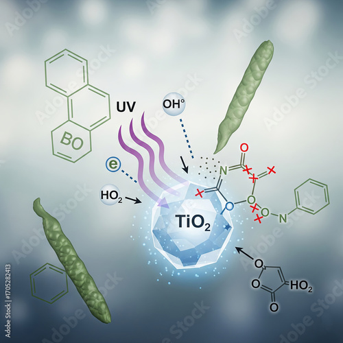 scientific diagram illustrating photocatalysis. The process shows how titanium dioxide (TiO2) nanoparticles, when exposed to UV light, break down complex organic pollutants into simpler compounds.