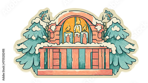 Charming retro sticker featuring candles in a snowy window with pine trees.