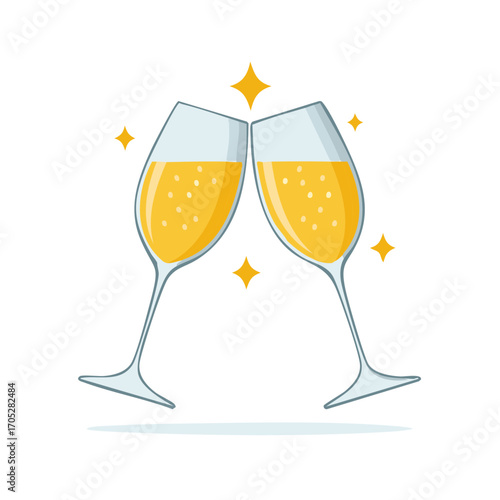 Two champagne glasses clinking together celebrating with sparkling yellow bubbly liquid and bright stars