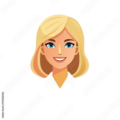 Animated Woman With Blonde Hair Smiling Blue Eyes Wearing White Shirt