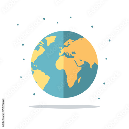 Stylized flat design of the planet Earth with surrounding dots and shadow
