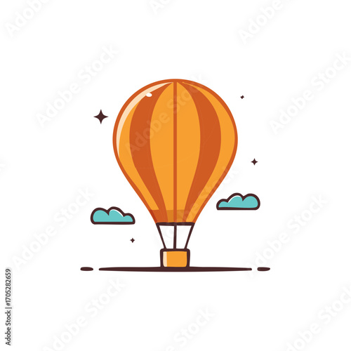 Orange hot air balloon ascending with clouds and stars