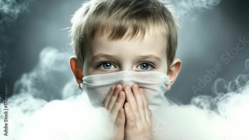 Innocent young child wearing white face mask. Thick toxic smoke fills the air around him. Passive tobacco smoke pollution is a grave health risk and silent unseen danger.