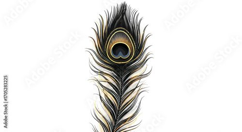 Elegant peacock feather isolated against a pristine white background showcasing its intricate