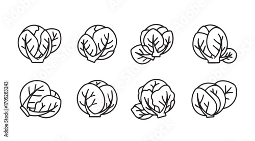 Collection of eight hand drawn leafy vegetable silhouettes in a row