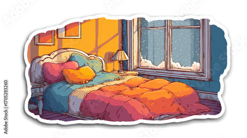 Cozy retro bedroom with warm light and snowy winter window view