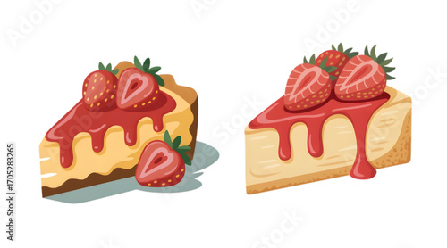 Strawberry Cheesecake Slice with Fruit Topping, Creamy Dessert, Flat Cartoon Vector Food Illustration