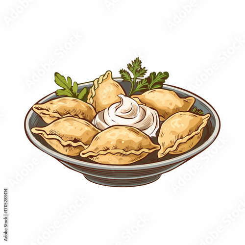 Traditional Eastern European pierogi or vareniki served with sour cream and fresh herbs