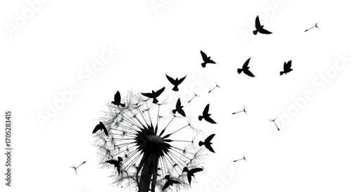 Ephemeral beauty dandelion silhouette against a white backdrop symbolizing freedom and
