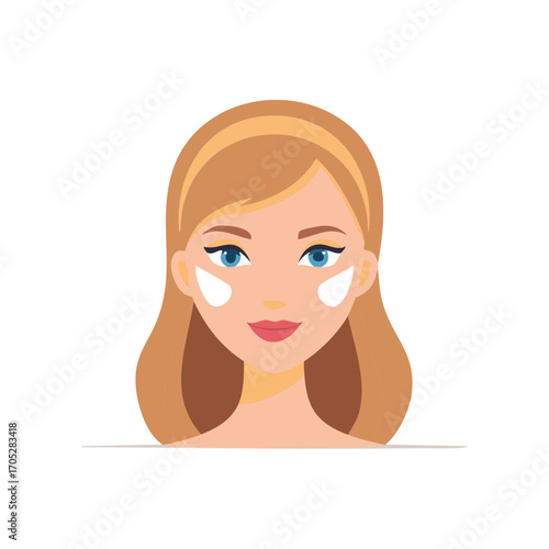 Blonde woman applies beauty cream for healthy face skincare in beauty salon, spa or at home in cartoon portrait style