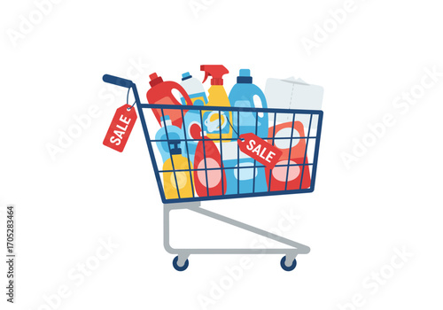 Shopping cart filled with cleaning supplies some items tagged SALE