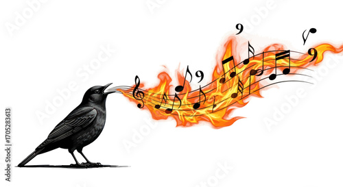 Fiery melody: A surreal portrayal of a bird singing music notes engulfed in flames