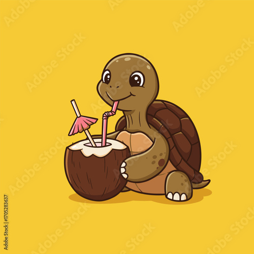 A happy cartoon turtle sits on the ground, sipping from a coconut with a pink straw and umbrella, radiating a relaxed tropical vibe against a bright yellow background.