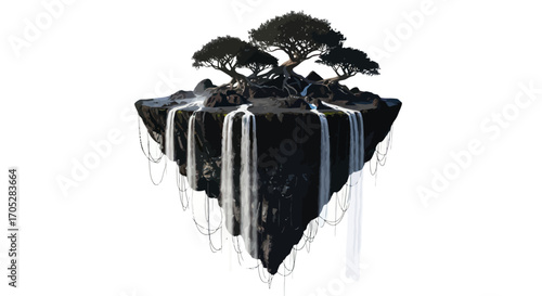 Floating island oasis, serene waterfall spectacle, enchanting landscape with stylized trees on