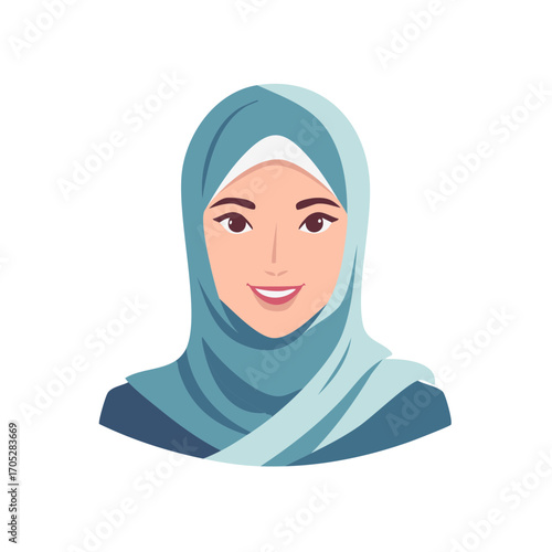 Smiling Young Woman Wearing Light Blue Hijab Headscarf Muslim Portrait