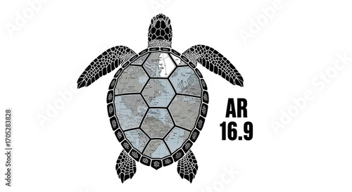 Graphic design showcasing a sea turtle with a world map shell and an 'AR 16.9' label