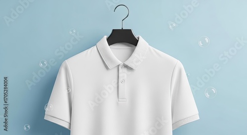 Wallpaper Mural Clean white polo shirt mockup hanging on a black hanger against a light blue wall. Torontodigital.ca