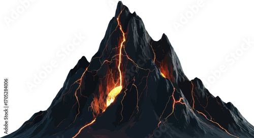 Illustrative rendering of a volcanic eruption featuring magma flows and mountain scape isolated