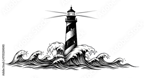 Illustrative nautical sentinel facing crashing waves symbolizing strength and guidance amidst